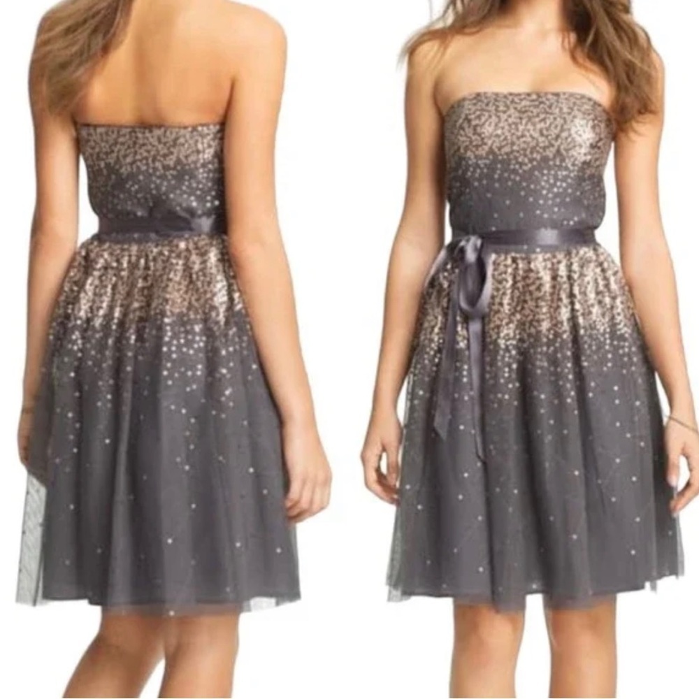 Eliza J Sequin Tulle Dress 4 Missy Grey Metallic Copper Short Strapless Prom